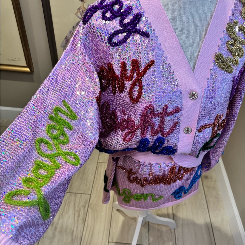 New! QUEEN OF SPARKLES Set! Pink Sequin Holiday Words Cardigan & Skirt Set - Picture 5 of 14
